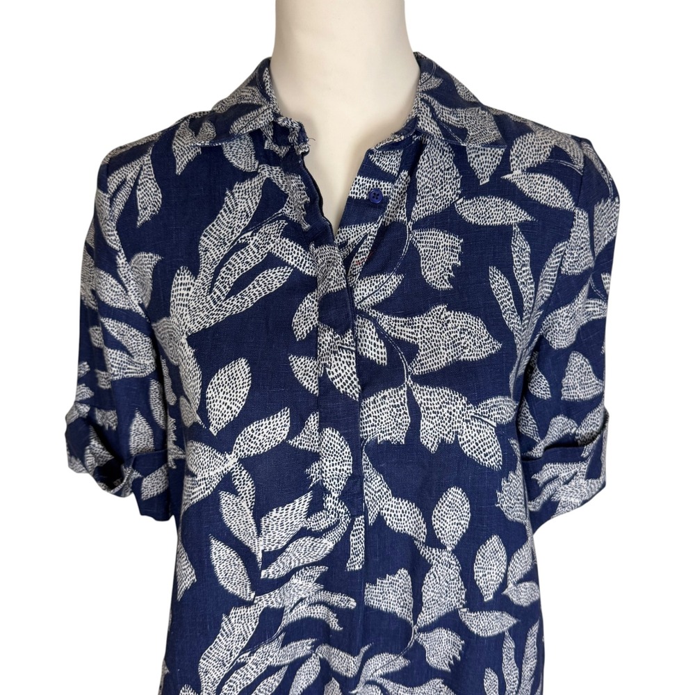 Chicos Navy Blue White Linen Botanical Leaf Print Shirt Dress Size 00 US 2 - Picture 2 of 9